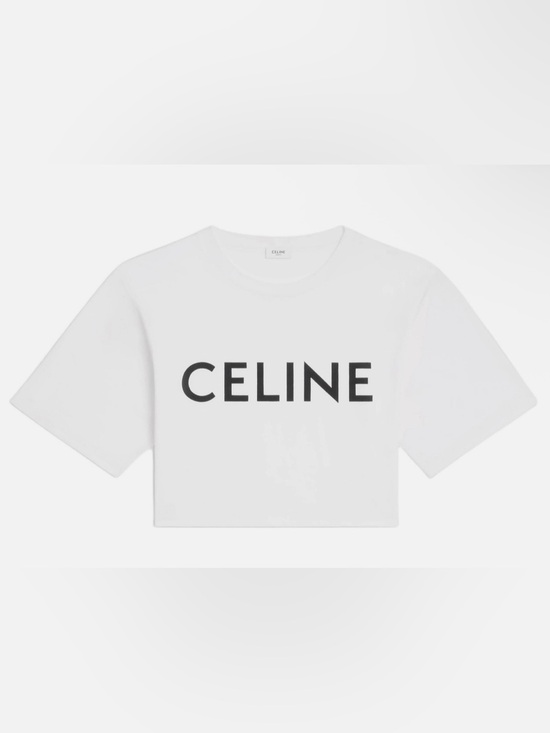 Celine Tops - Celine White Cropped T-Shirt with Black CELINE Logo